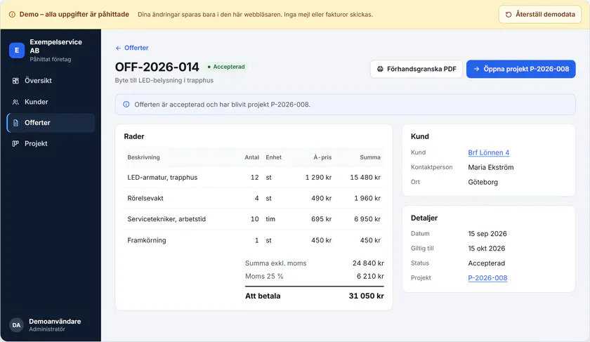 En offert i demon med påhittade uppgifter