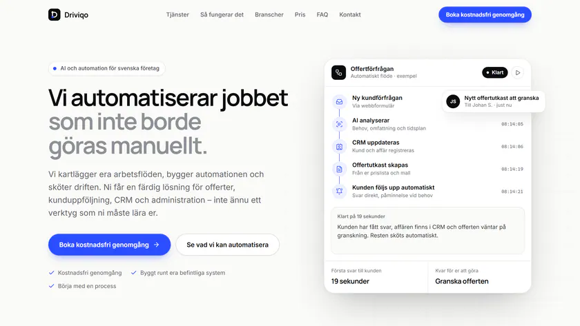 Skärmbild av startsidan på driviqo.se