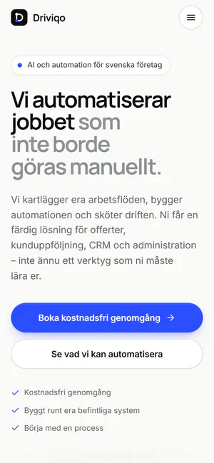 Startsidan på driviqo.se i en mobil