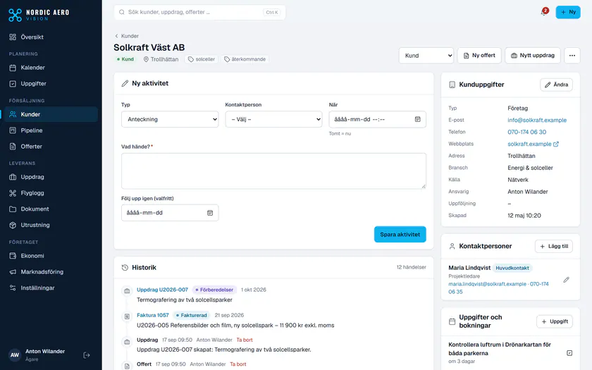Kundkort med kontaktperson, offerter och uppdrag (påhittade uppgifter)