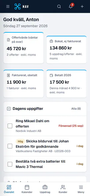 Nordic Aero Visions interna system i en mobil, med påhittade exempeluppgifter