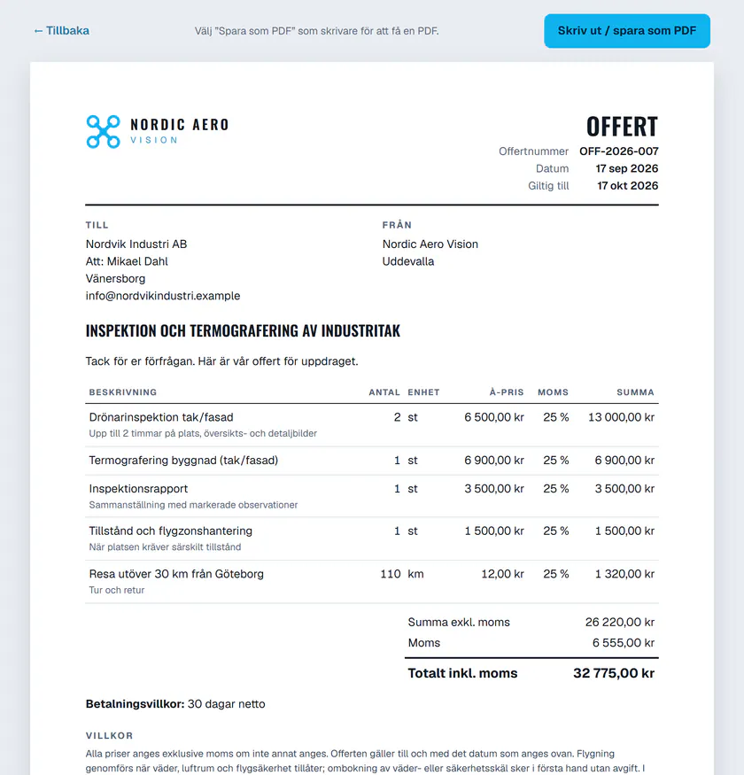 Förhandsgranskning av en offert som PDF (påhittade uppgifter)