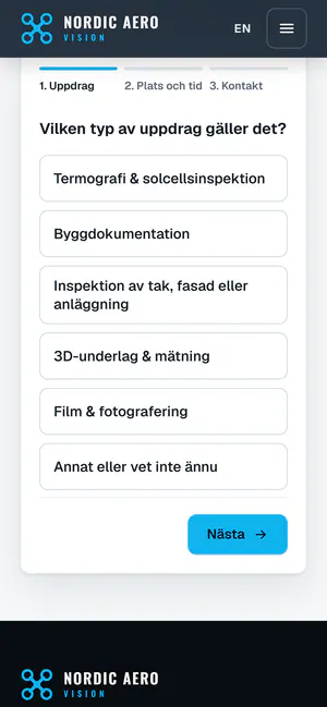 Offertformuläret på nordicaerovision.se i en mobil